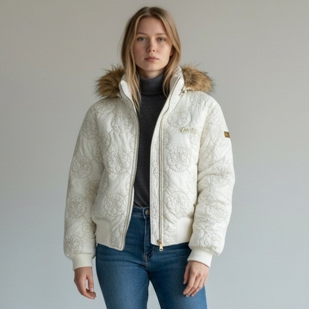VTG Beyonce Dereon Puffer Jacket Womens XL Whtie Faux Fur Hooded Quilted Y2K NWT